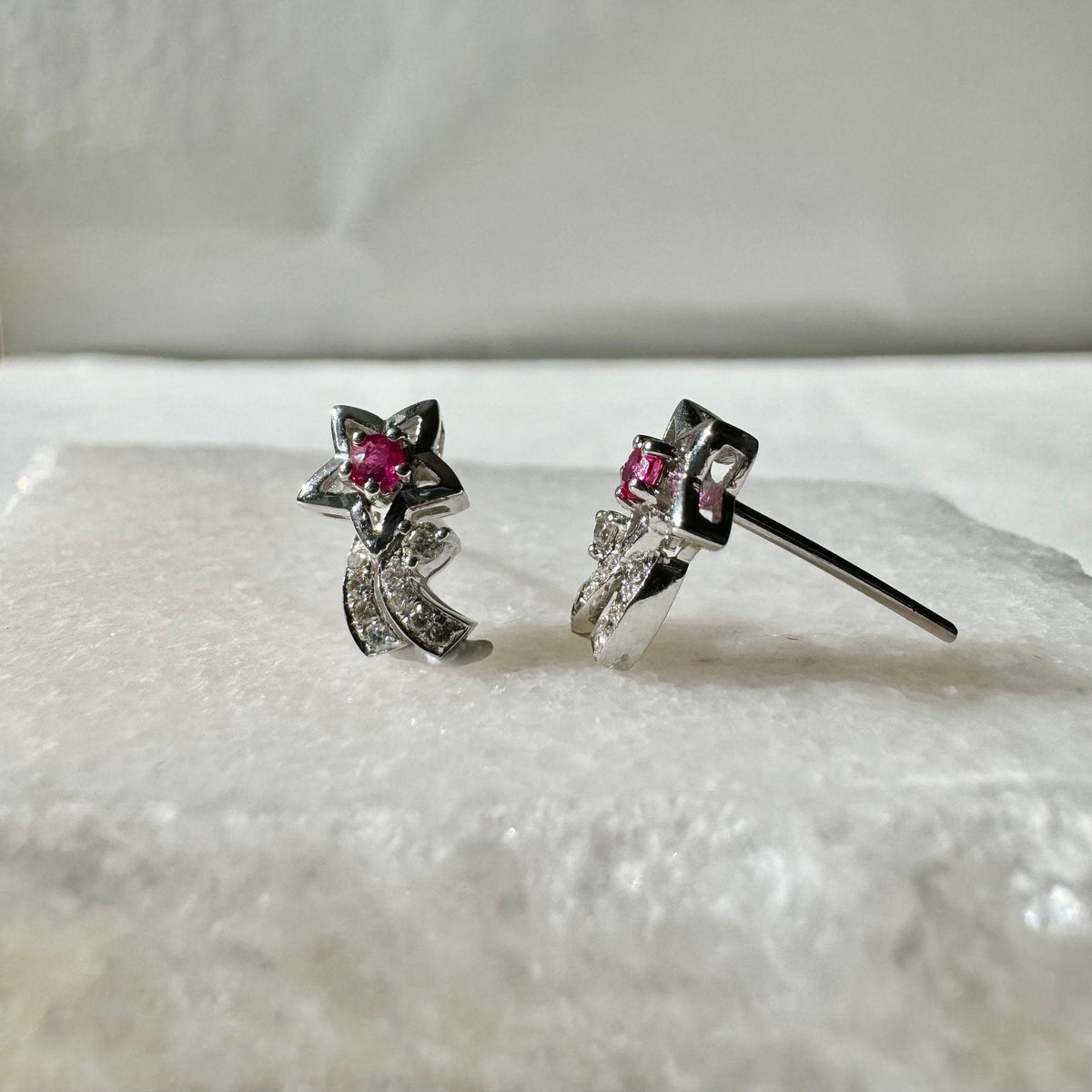 Genuine Ruby Diamond All Star Earrings, 14k Solid White Gold, July Birthstone