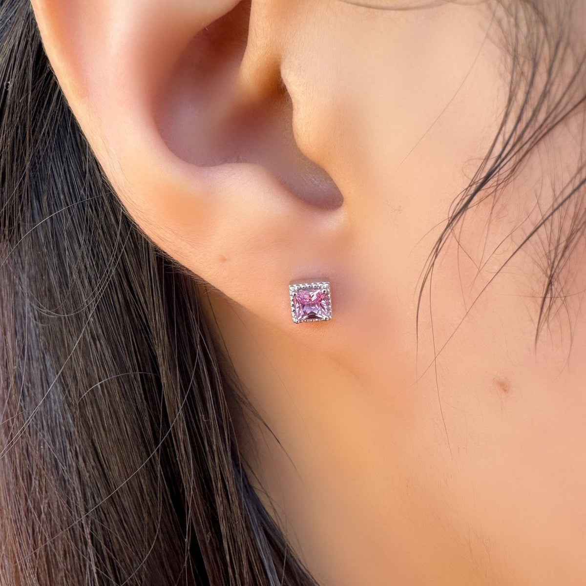 Genuine Pink Sapphire Princess Cut Stud Earrings, 14k Solid Gold, September Birthstone