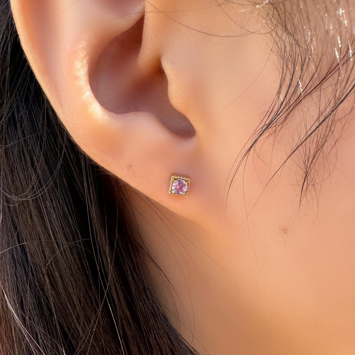 Genuine Pink Sapphire Round Stud Earrings, Square Gold Trim in 14k and 18k Solid Gold