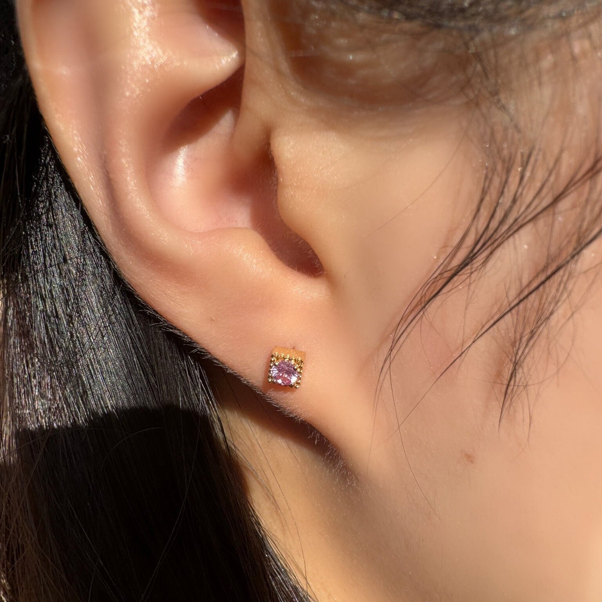 Genuine Pink Sapphire Round Stud Earrings, Square Gold Trim in 14k and 18k Solid Gold