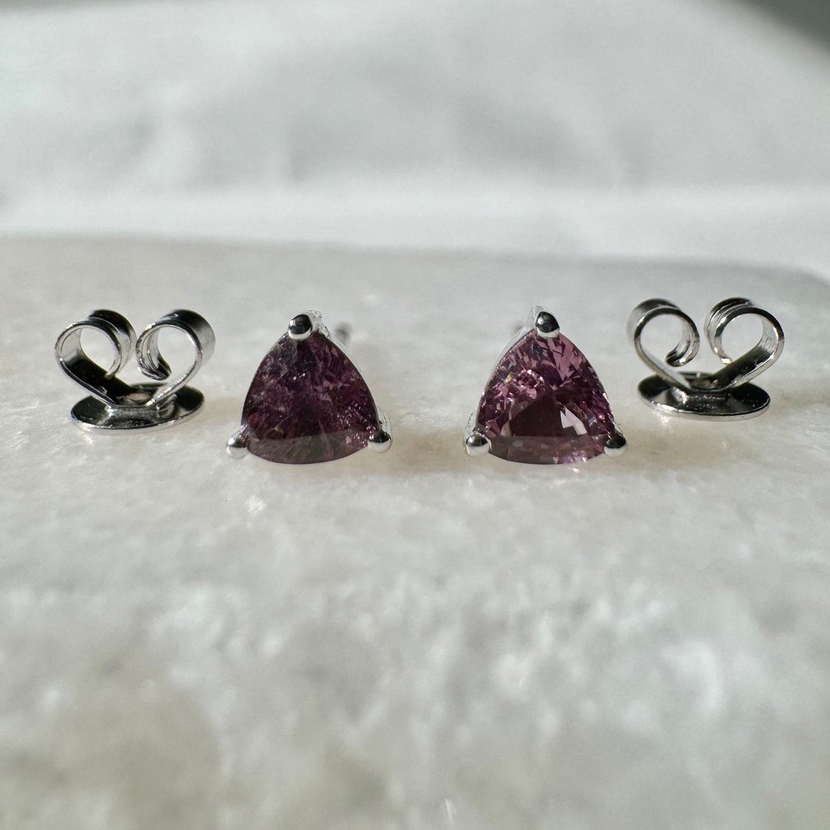 Genuine Pink Sapphire Trillion Cut Stud Earrings, 14k Solid Gold, September Birthstone Gift