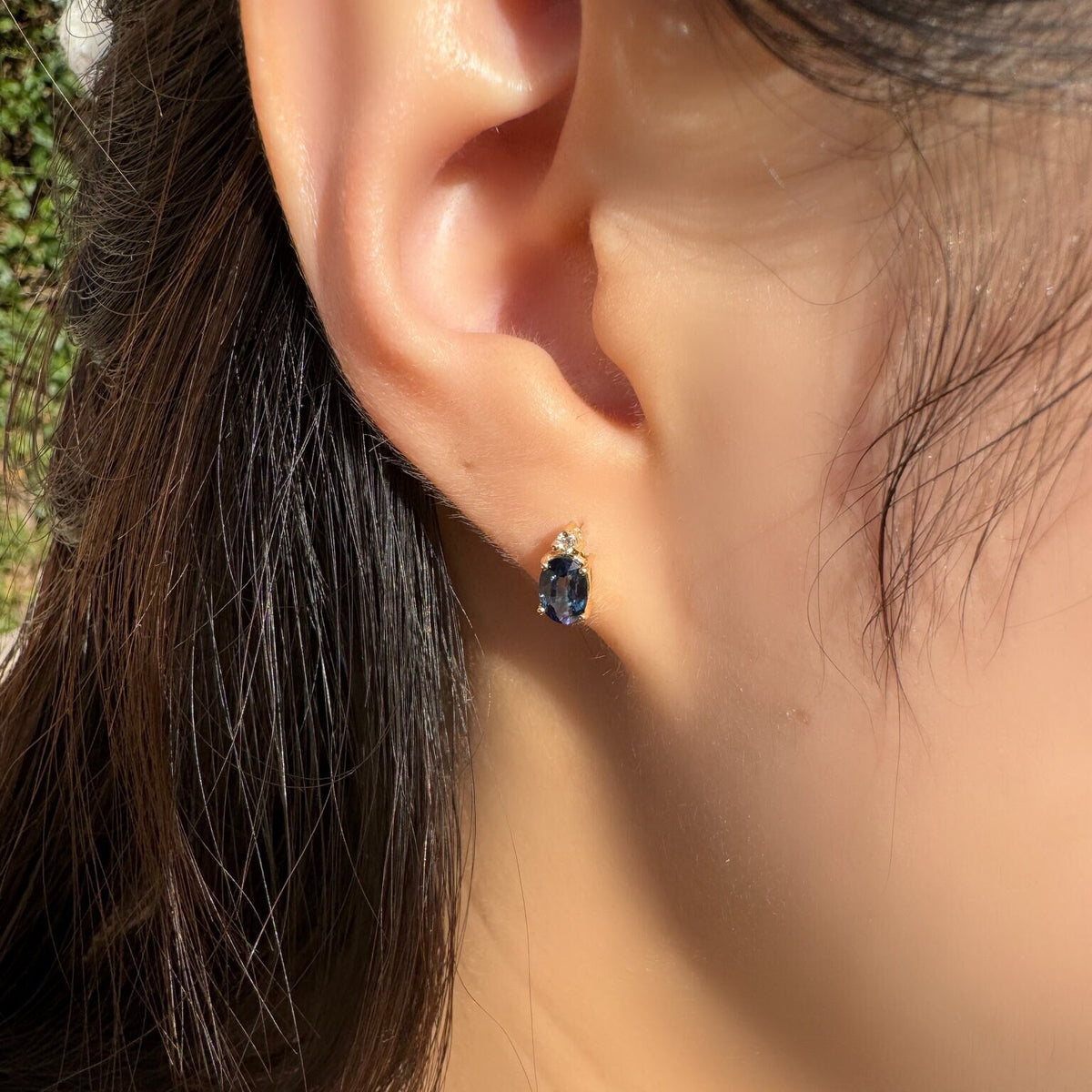 Genuine Sapphire and Diamond Oval Stud Earrings in 14k and 18k Solid Gold
