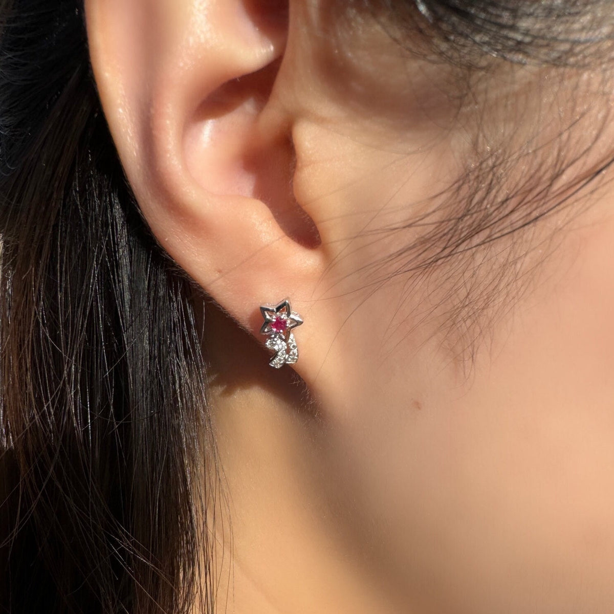 Genuine Ruby Diamond All Star Earrings, 14k Solid White Gold, July Birthstone