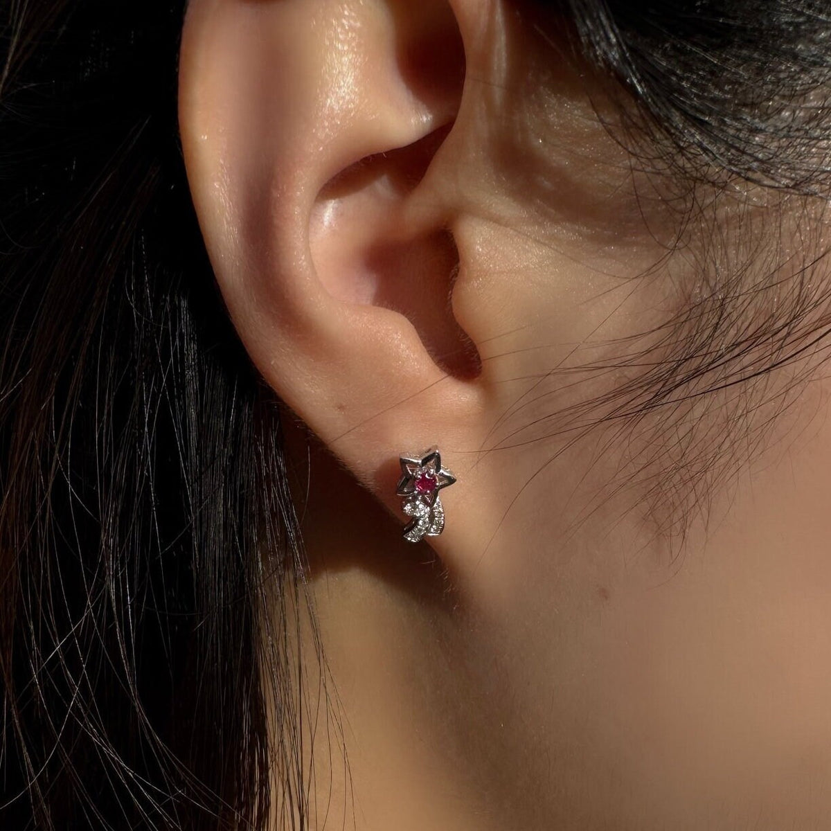 Genuine Ruby Diamond All Star Earrings, 14k Solid White Gold, July Birthstone