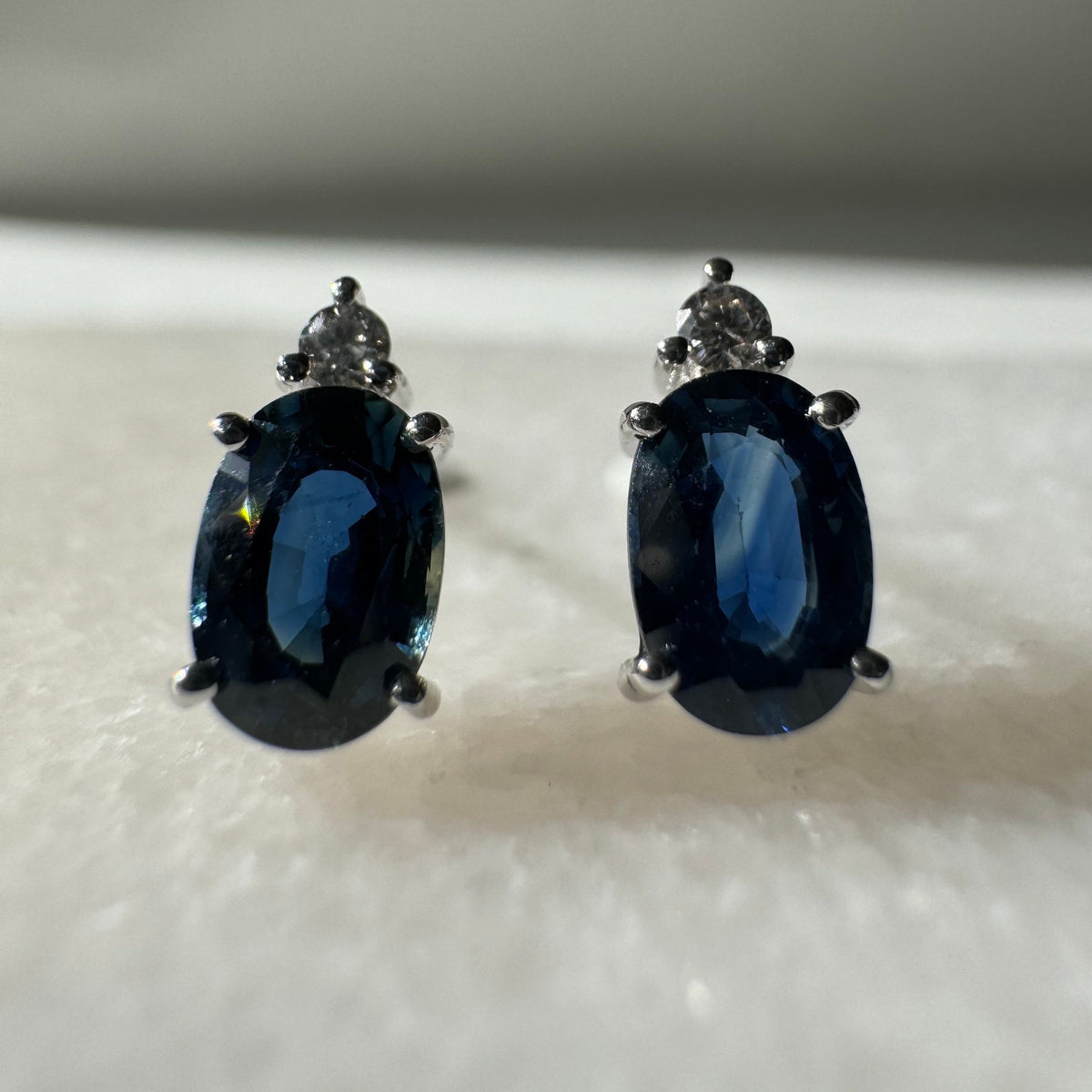 Genuine Sapphire and Diamond Oval Stud Earrings in 14k and 18k Solid Gold