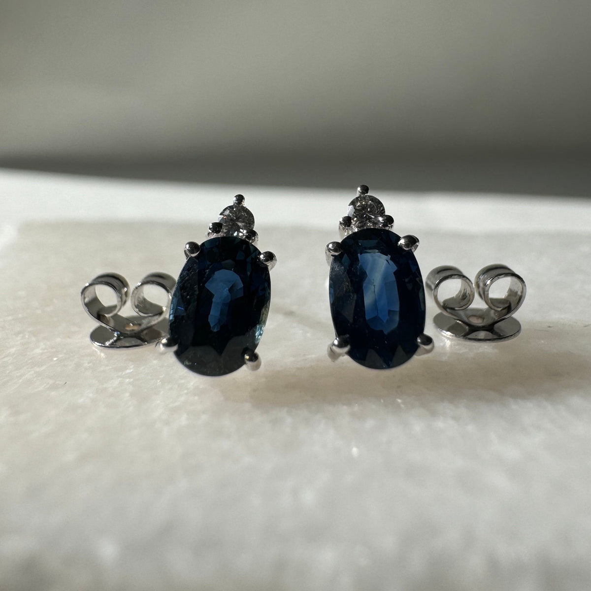 Genuine Sapphire and Diamond Oval Stud Earrings in 14k and 18k Solid Gold
