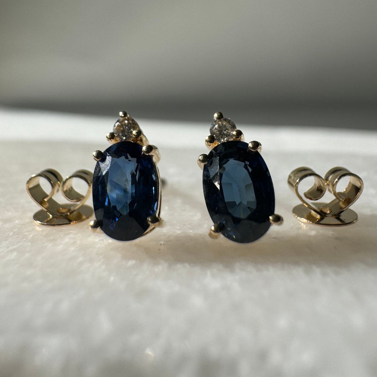 Genuine Sapphire and Diamond Oval Stud Earrings in 14k and 18k Solid Gold