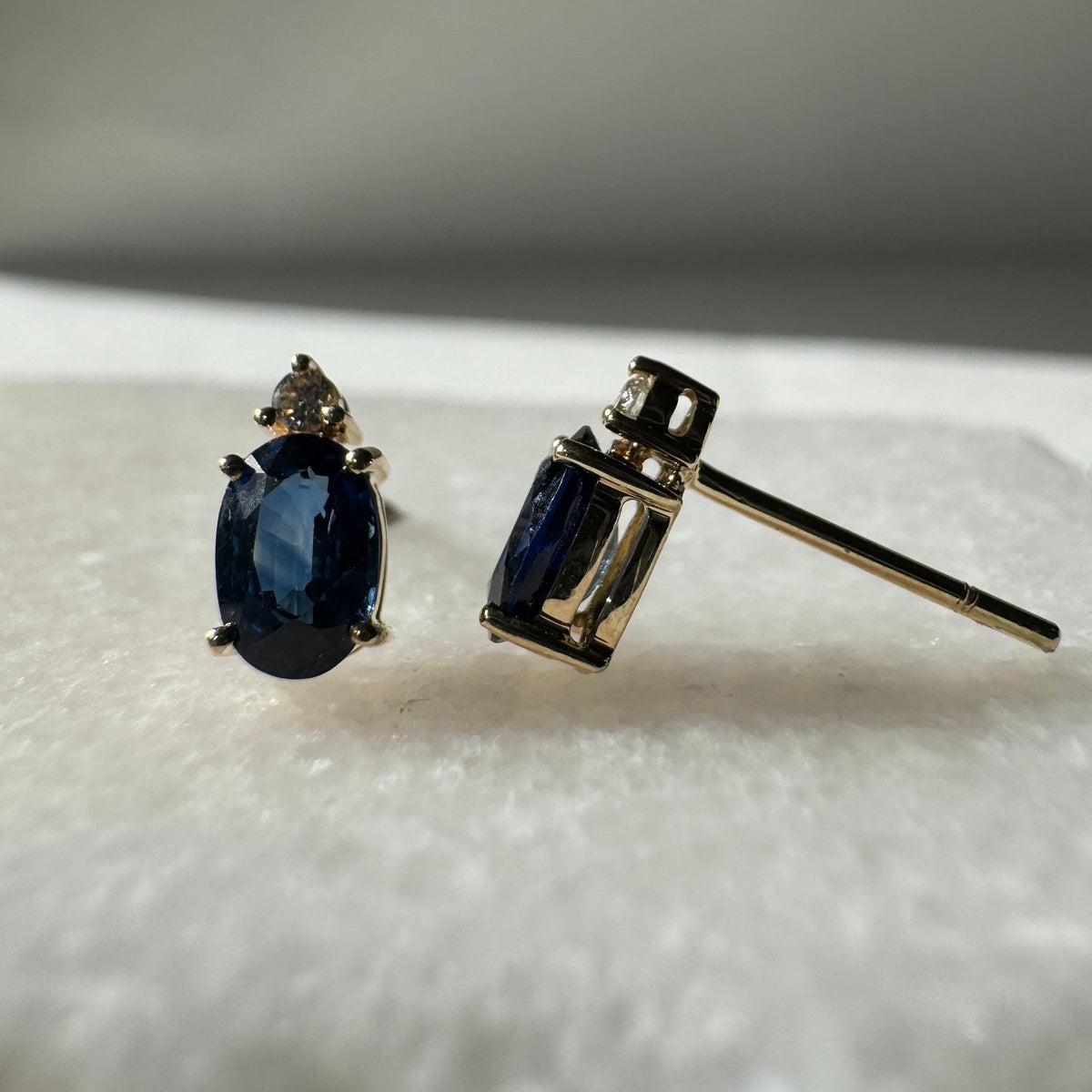 Genuine Sapphire and Diamond Oval Stud Earrings in 14k and 18k Solid Gold