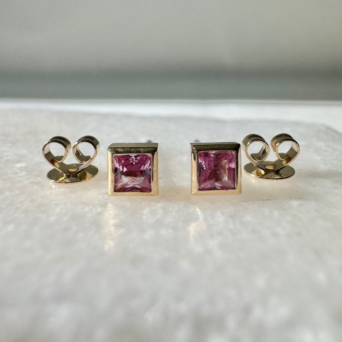 Genuine Pink Sapphire Princess Cut with Square Gold Edge Stud Earrings / 14k Solid Gold
