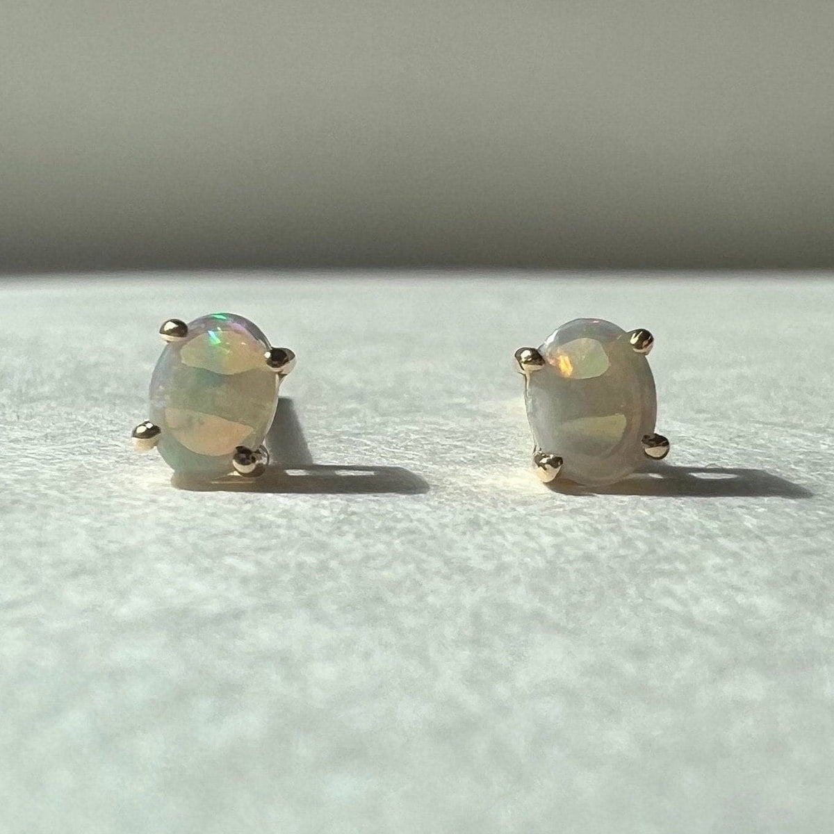 14k Solid Gold Oval Opal Stud Earrings, October Birthstone, Natural Gemstone