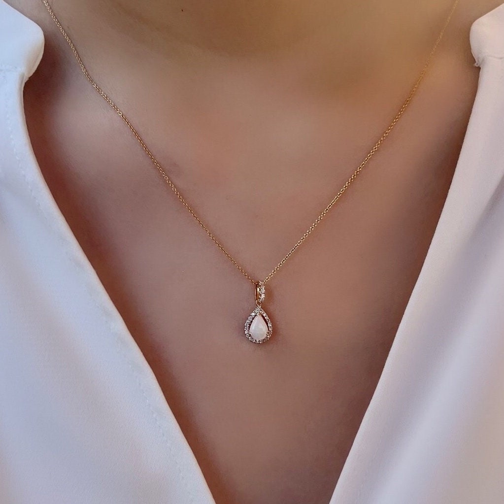 18k Solid Yellow Gold Pear Opal Diamond Pendant