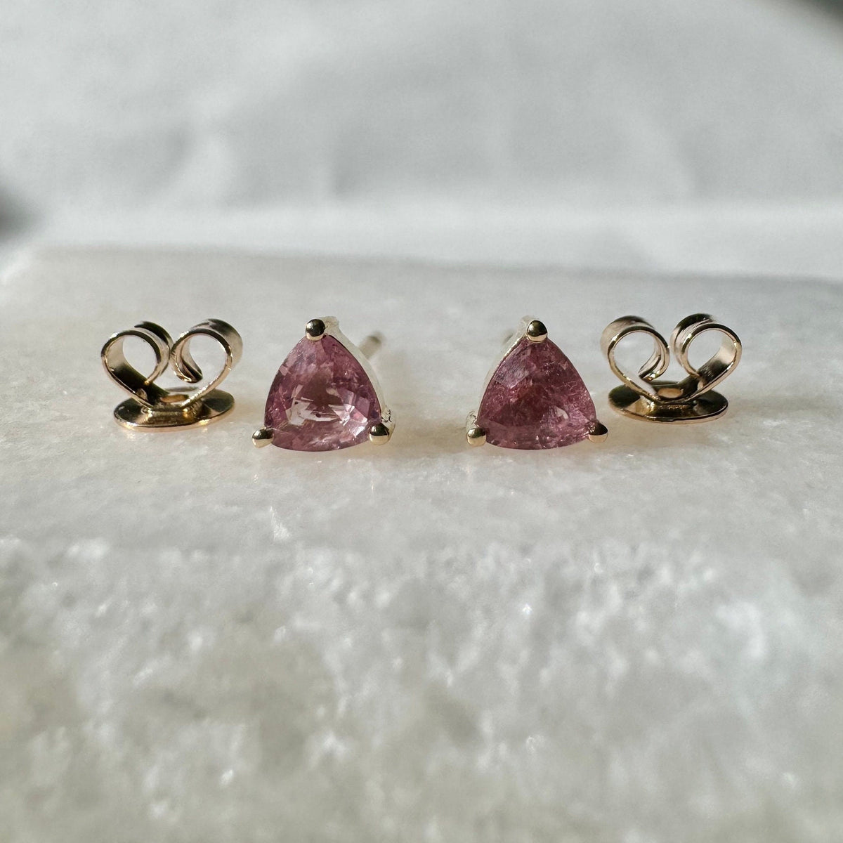 Genuine Pink Sapphire Trillion Cut Stud Earrings, 14k Solid Gold, September Birthstone Gift