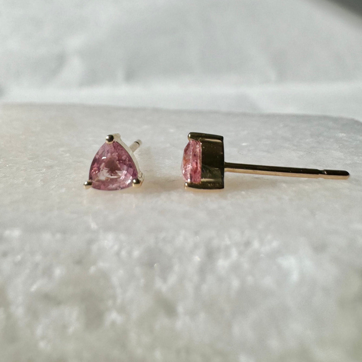 Genuine Pink Sapphire Trillion Cut Stud Earrings, 14k Solid Gold, September Birthstone Gift