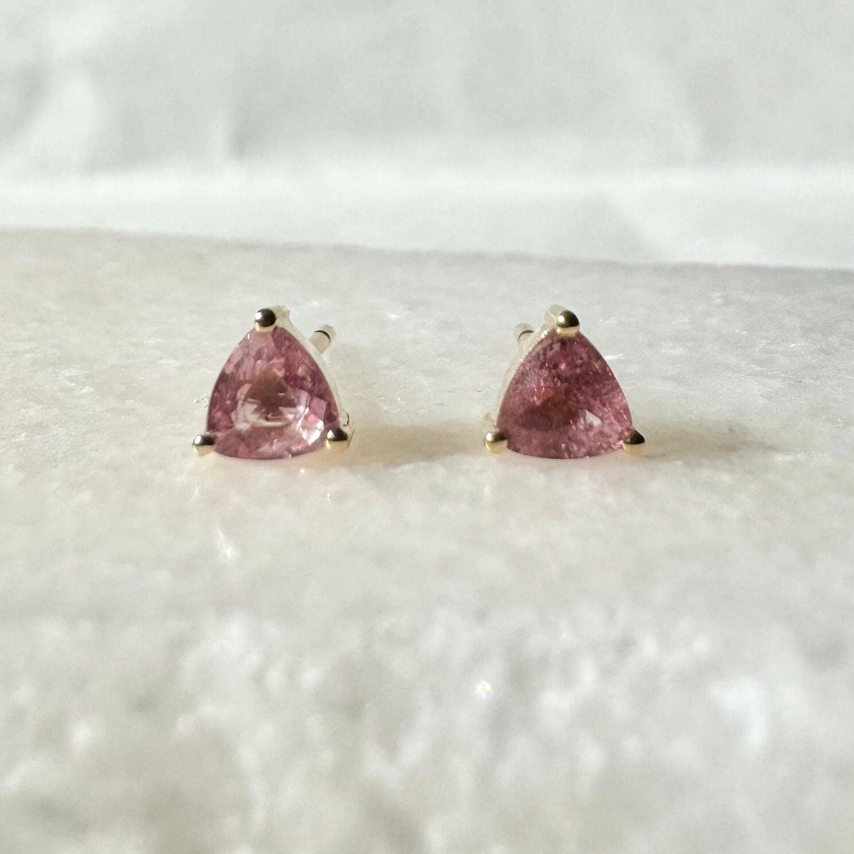 Genuine Pink Sapphire Trillion Cut Stud Earrings, 14k Solid Gold, September Birthstone Gift