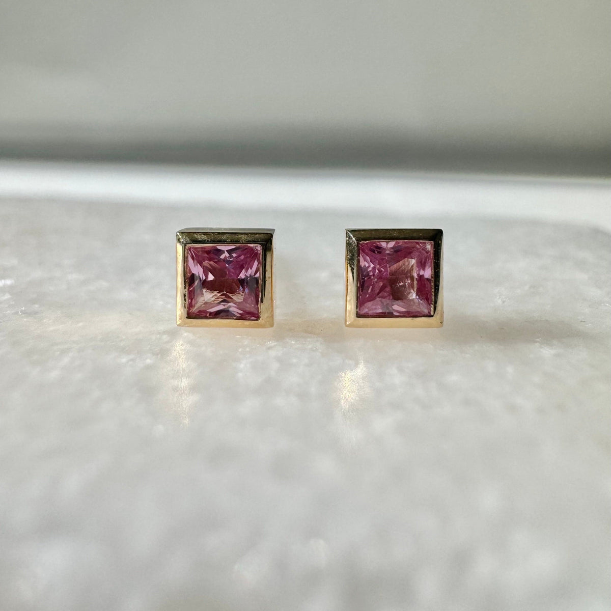 Genuine Pink Sapphire Princess Cut with Square Gold Edge Stud Earrings / 14k Solid Gold