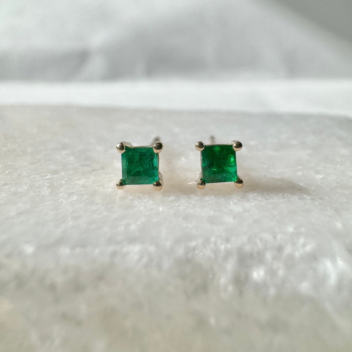 Genuine Emerald Princess Cut Stud Earrings / 14k Solid Gold