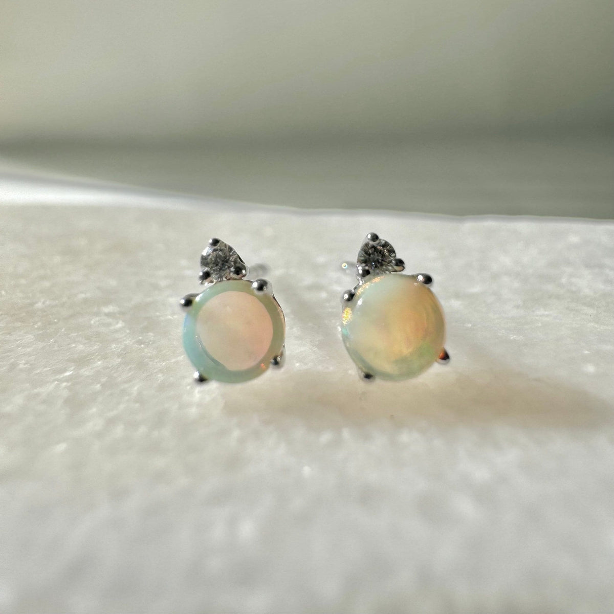 14k Gold Opal Diamond Stud Earrings, 4mm Round Cut, October Birthstone