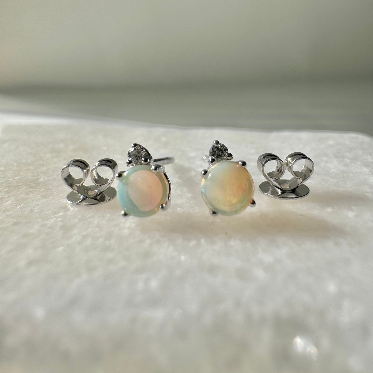 14k Gold Opal Diamond Stud Earrings, 4mm Round Cut, October Birthstone