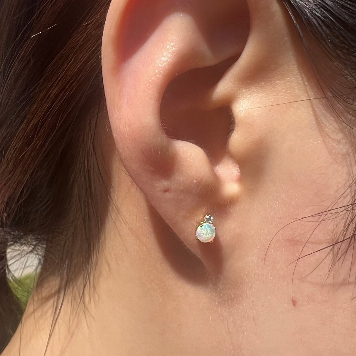 14k Gold Opal Diamond Stud Earrings, 4mm Round Cut, October Birthstone