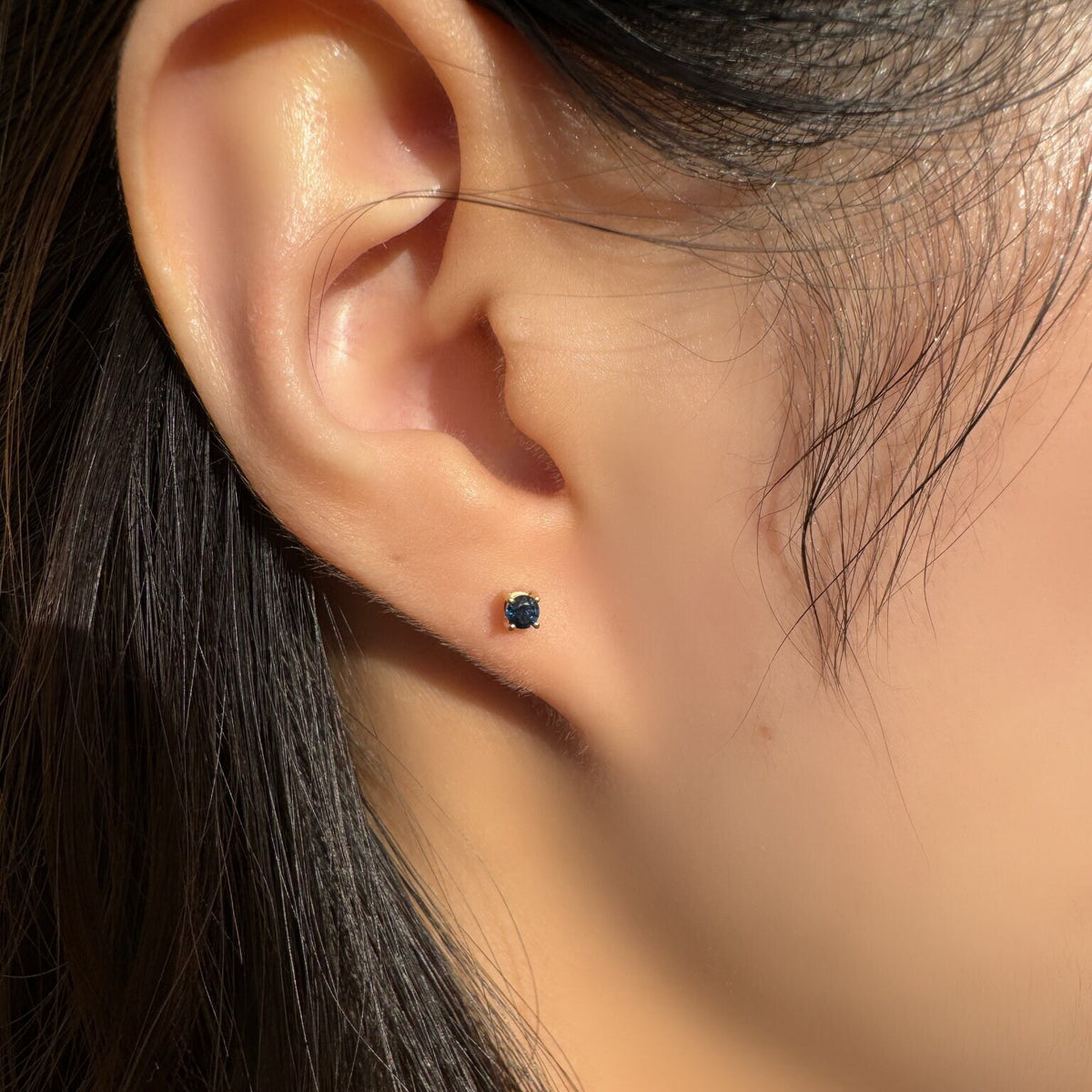 Genuine Sapphire Round Cut Solitaire Stud Earrings, 3mm, 14k Solid Gold, September Birthstone