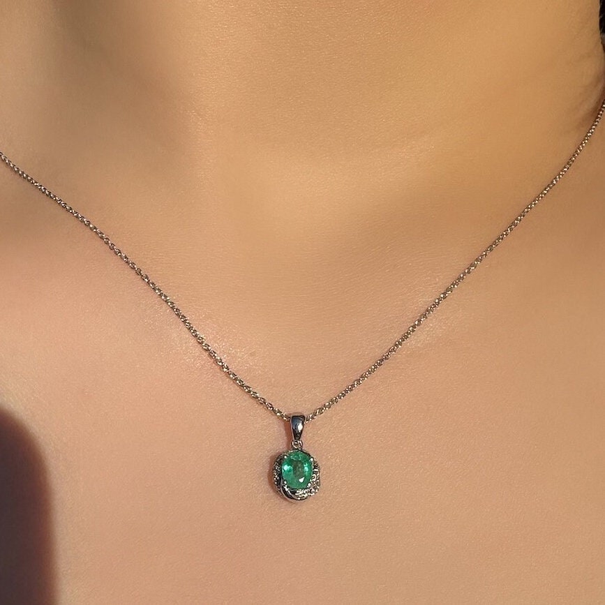 Genuine Oval Emerald and Diamond Pendant in 14k Solid White Gold