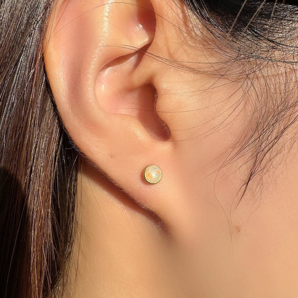 Genuine Fiery Round Opal Bezel Studs with Satin Finish | 14k Solid Gold