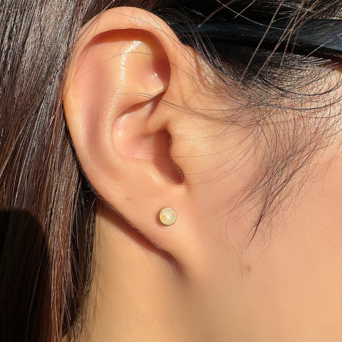 Genuine Fiery Round Opal Bezel Studs with Satin Finish | 14k Solid Gold