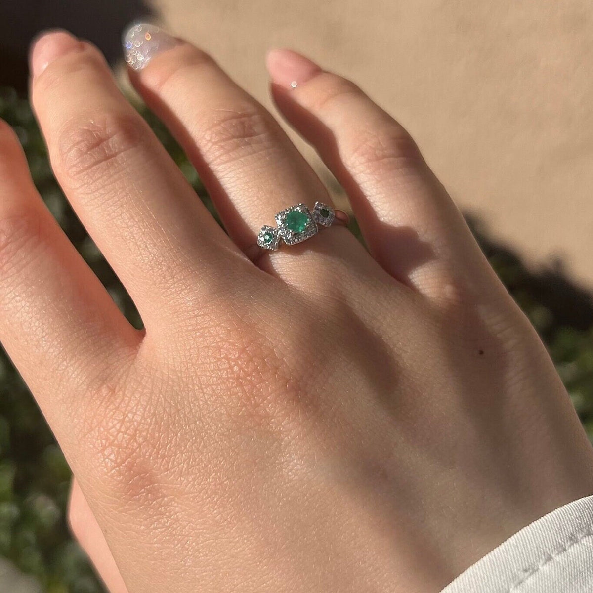 Genuine Emerald and Diamond Ring in 14k Solid White Gold