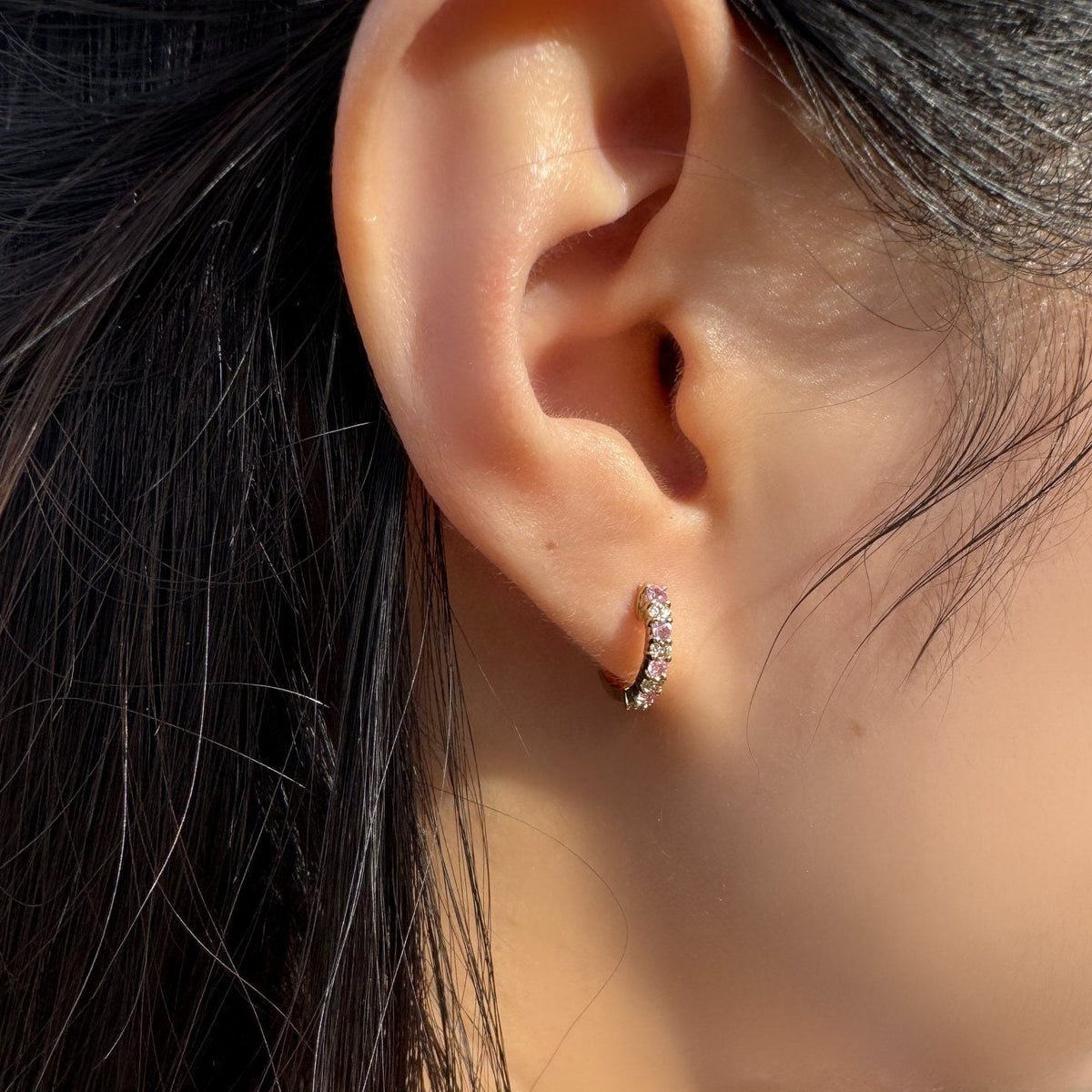 14k Rose Gold Huggie Hoop Earrings, Pink Sapphire & Diamond, September Birthstone