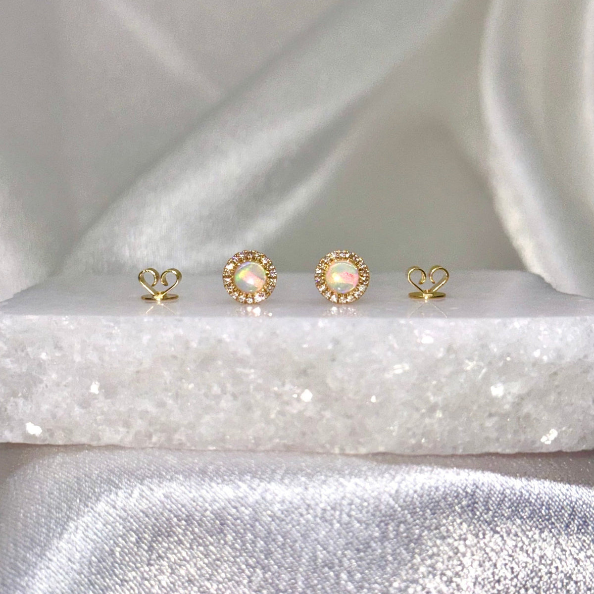 Genuine Opal and Diamond Round Stud Earrings with Diamond Halo Trim / 14k Solid Gold