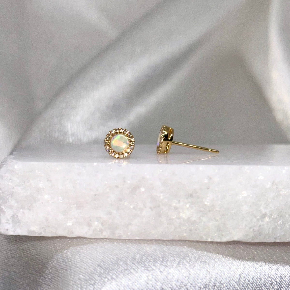 Genuine Opal and Diamond Round Stud Earrings with Diamond Halo Trim / 14k Solid Gold