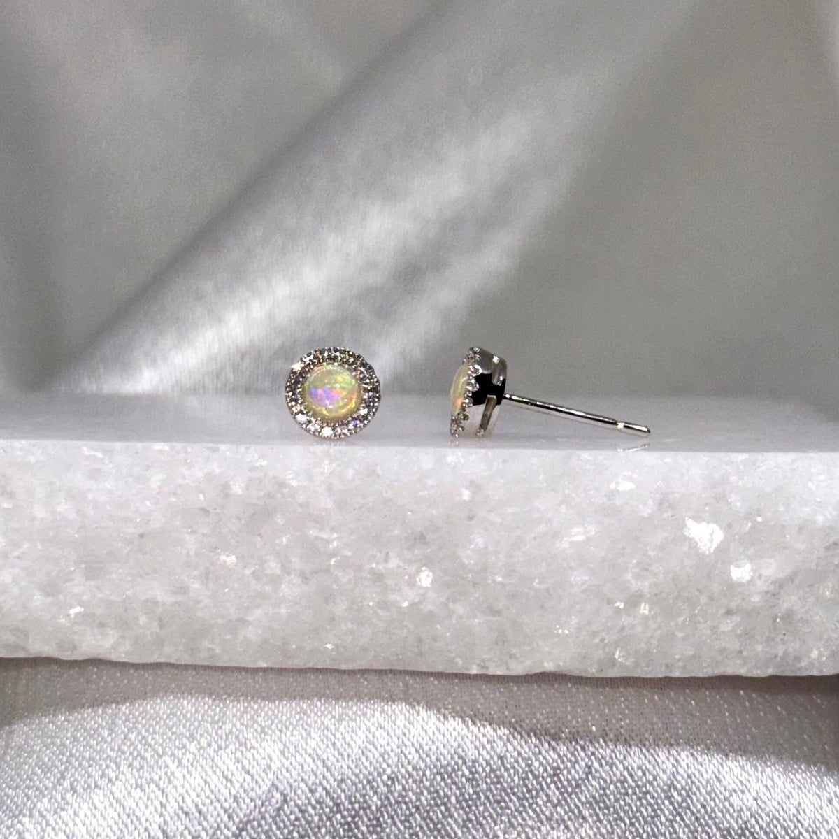 Genuine Opal and Diamond Round Stud Earrings with Diamond Halo Trim / 14k Solid Gold