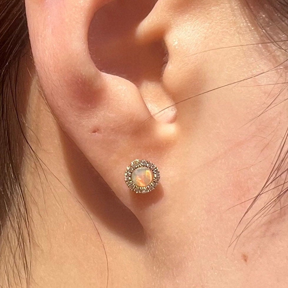 Genuine Opal and Diamond Round Stud Earrings with Diamond Halo Trim / 14k Solid Gold