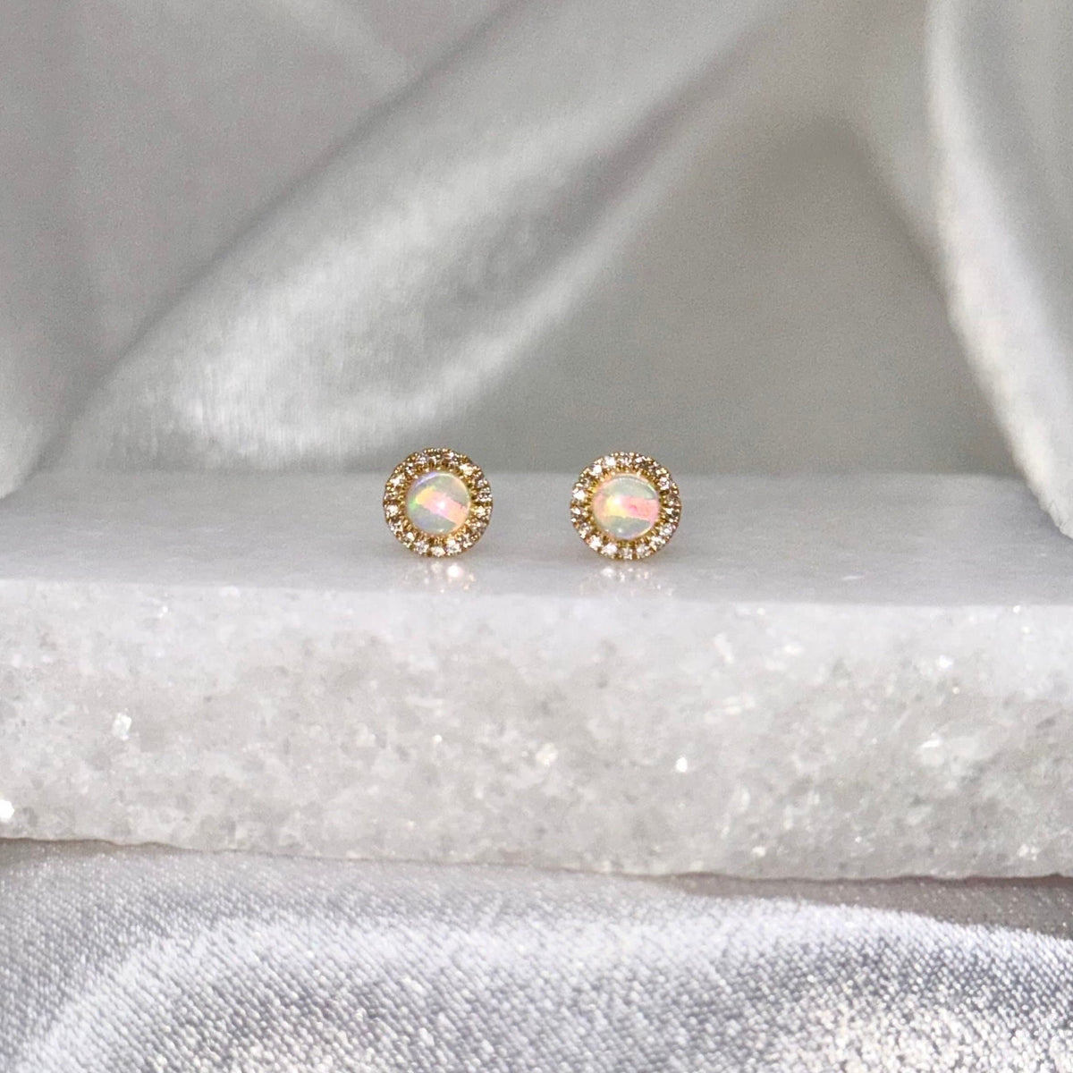 Genuine Opal and Diamond Round Stud Earrings with Diamond Halo Trim / 14k Solid Gold