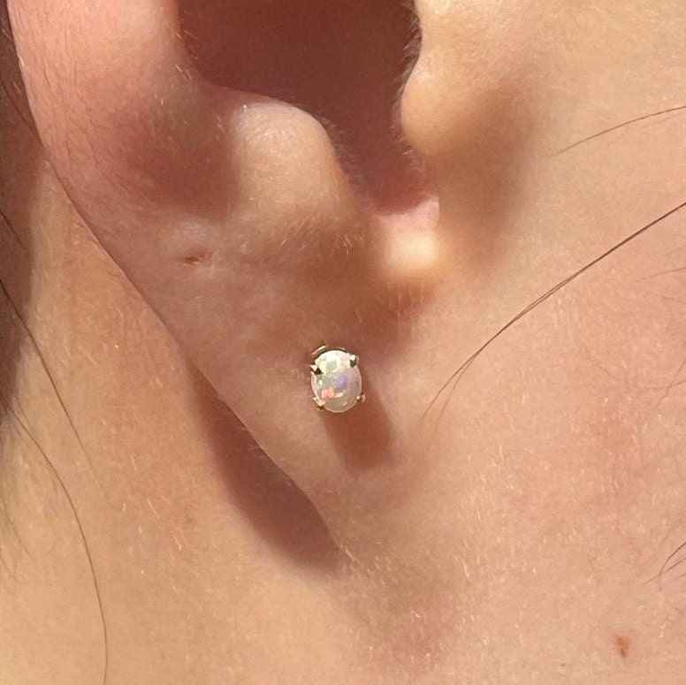 14k Solid Gold Oval Opal Stud Earrings, October Birthstone, Untreated Natural Gemstone