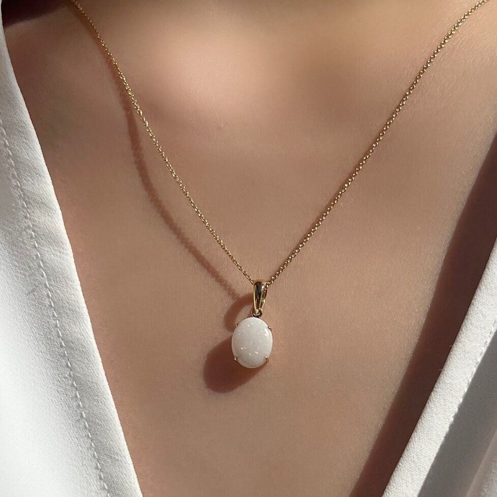 Genuine Oval Cut Opal Pendant | 14k Solid Gold