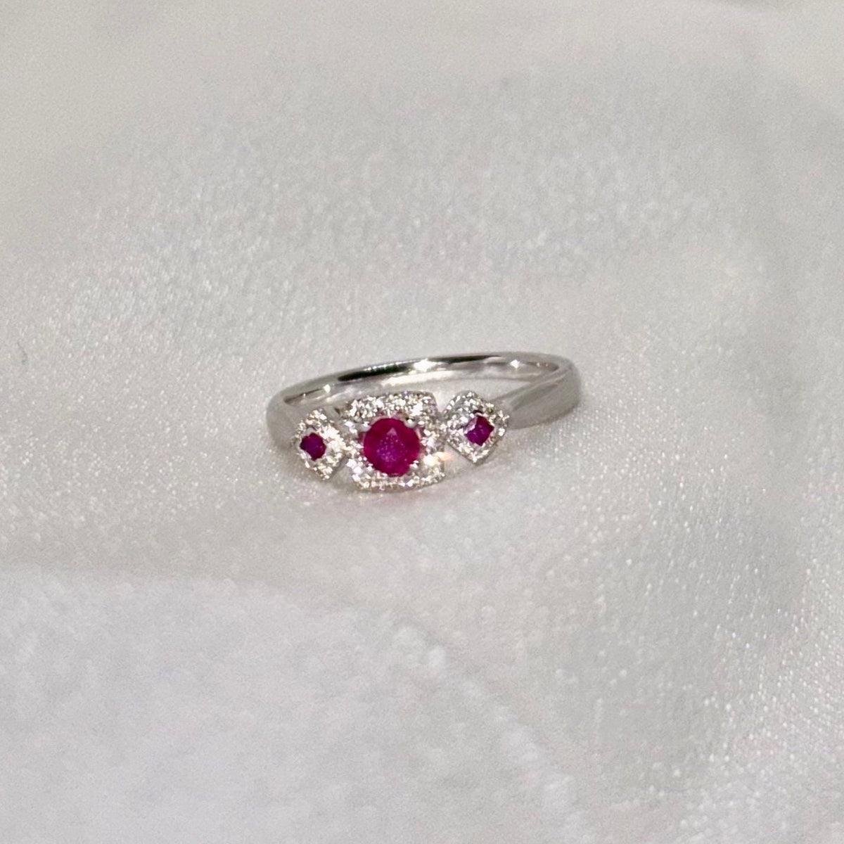 Genuine Ruby and Trio Diamond Ring | 14k Solid White Gold