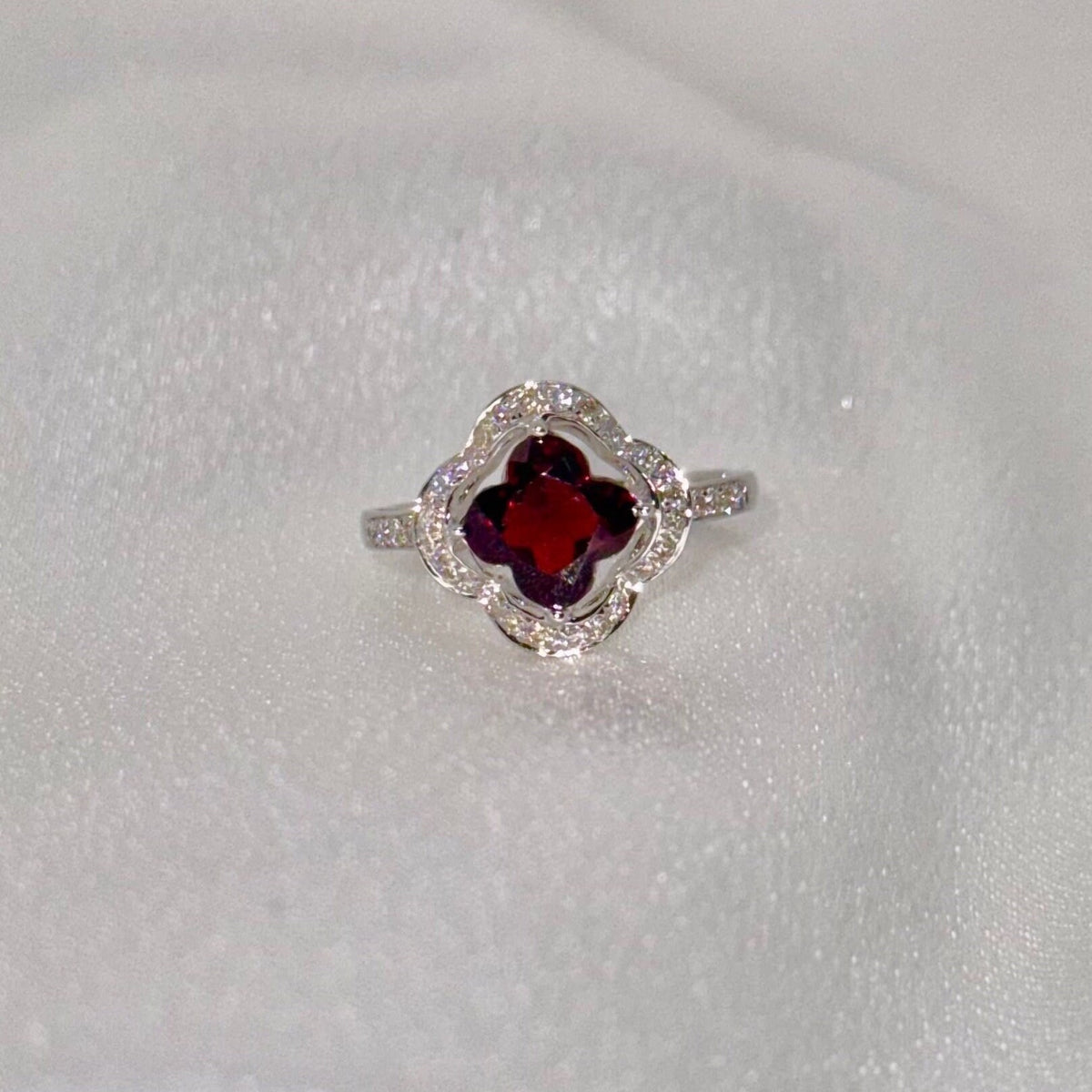Genuine Garnet Quatrefoil Ring in 14k Solid Gold