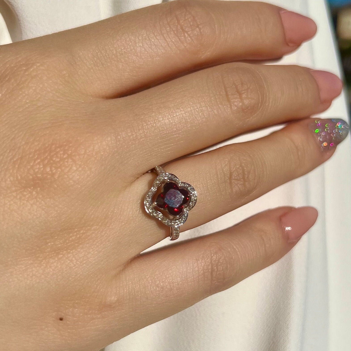 Genuine Garnet Quatrefoil Ring in 14k Solid Gold