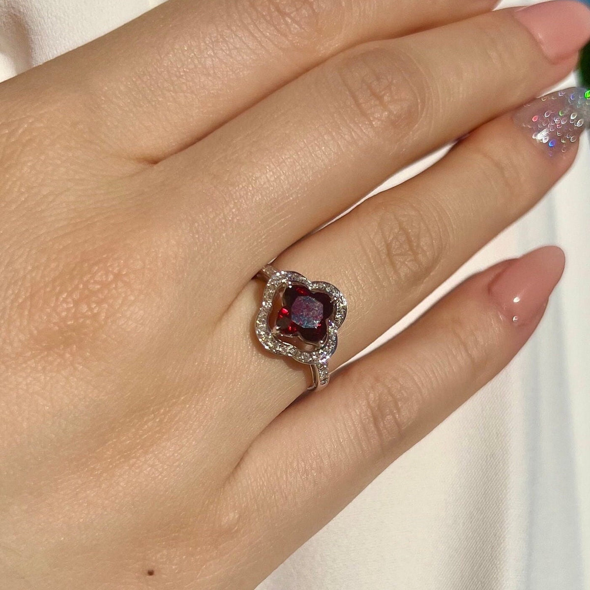 Genuine Garnet Quatrefoil Ring in 14k Solid Gold