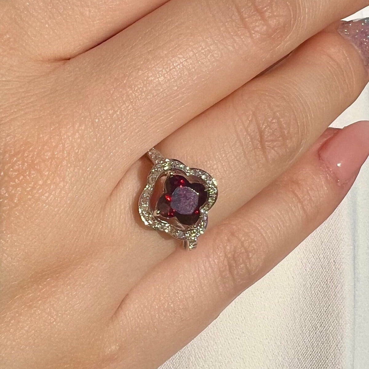 Genuine Garnet Quatrefoil Ring in 14k Solid Gold