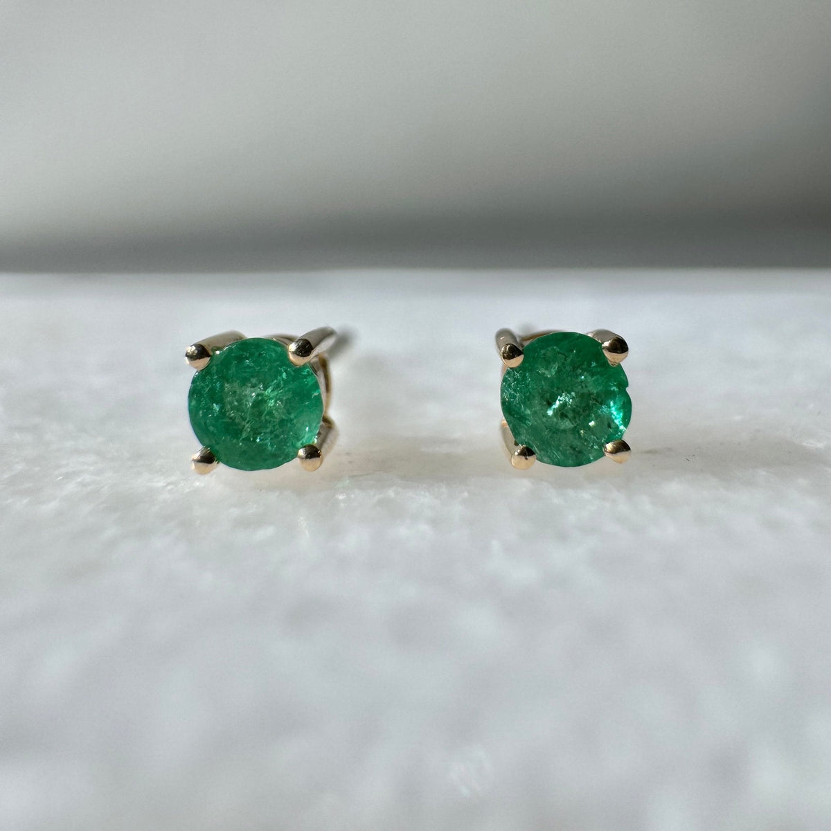 Genuine Emerald 3 mm Round Cut Solitaire Stud Earrings in 14k Solid Gold