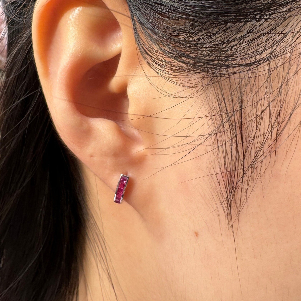 Genuine Ruby Pavé Half Hoop Earrings in 14k Solid Gold