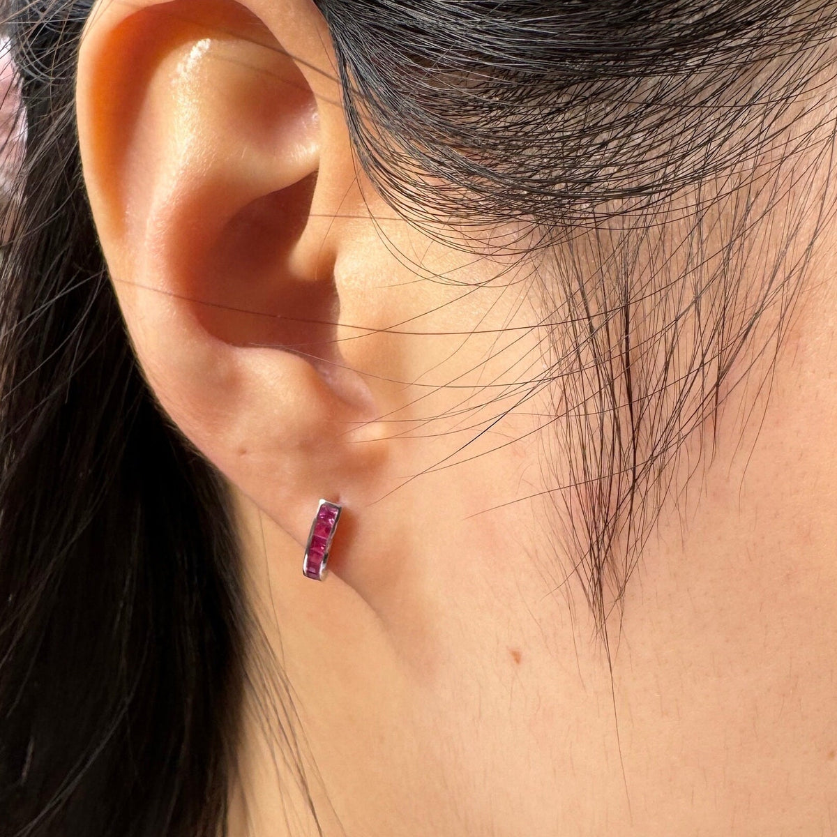 Genuine Ruby Pavé Half Hoop Earrings in 14k Solid Gold
