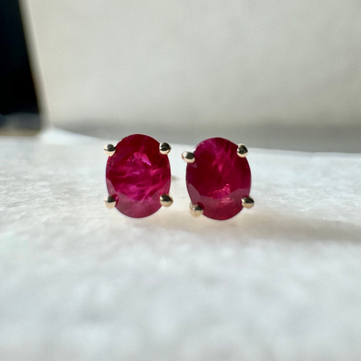 Genuine Ruby Oval Cut Stud Earrings in 14k Solid Gold