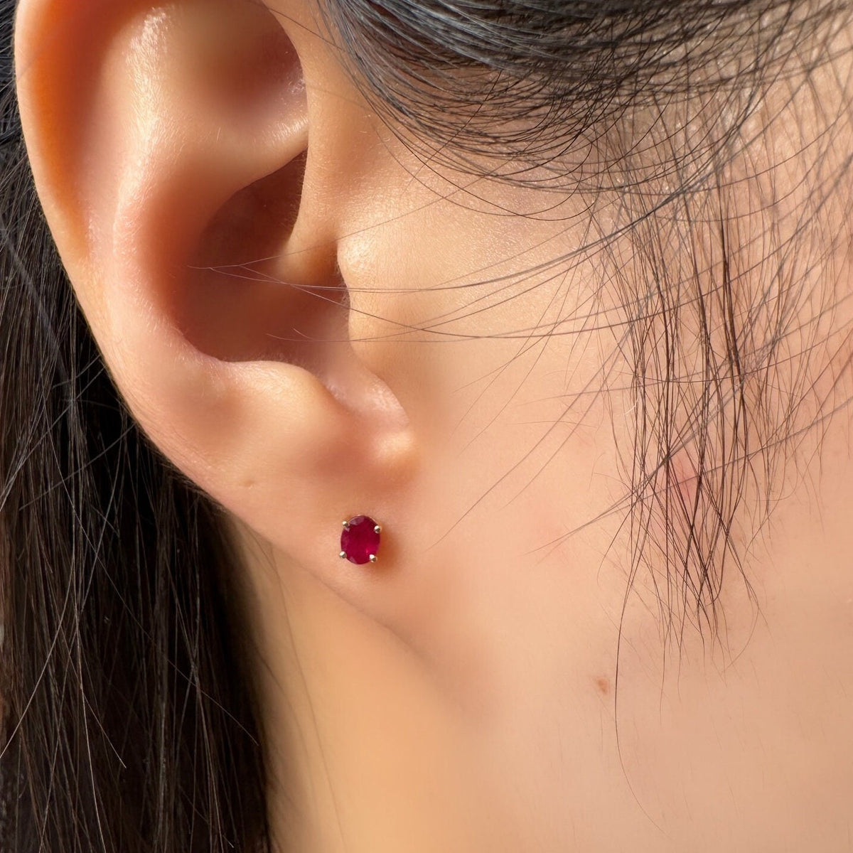 Genuine Ruby Oval Cut Stud Earrings in 14k Solid Gold