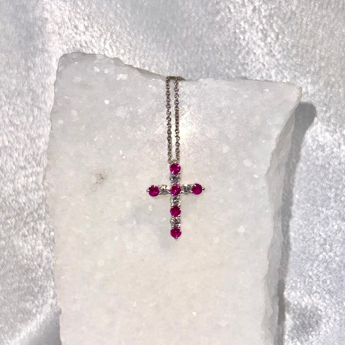 Genuine Ruby and Diamond Cross Pendant in 14k Solid Gold
