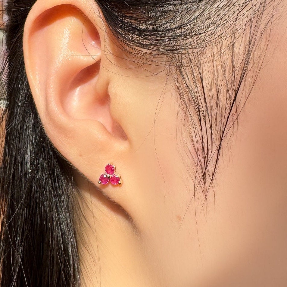 Natural Ruby Lotus Stud Earrings / 14k Solid Gold / July Birthstone Gift