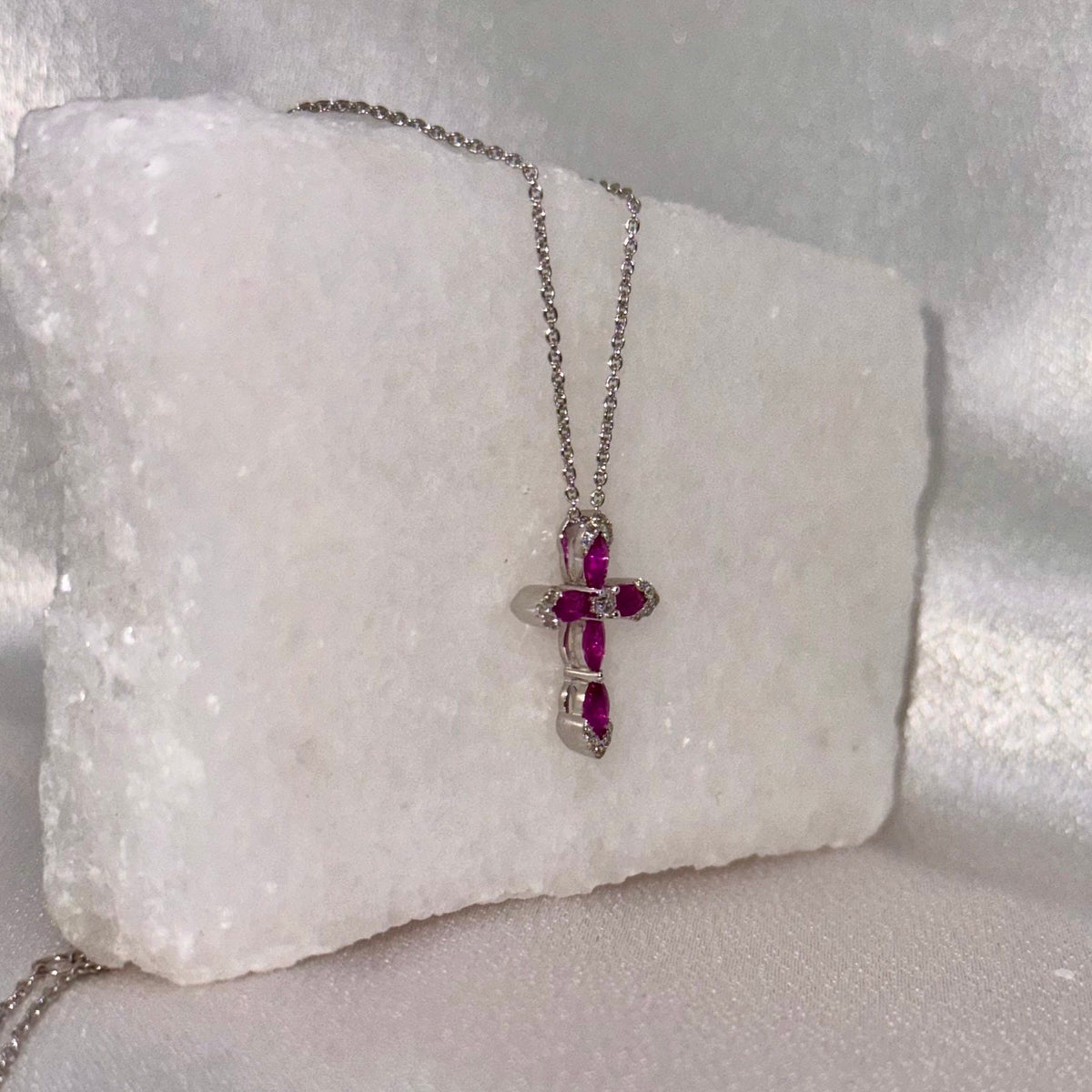 Genuine Ruby and Diamond Marquise Cross Pendant, 14k Solid Gold, July Birthstone, Gift for Her
