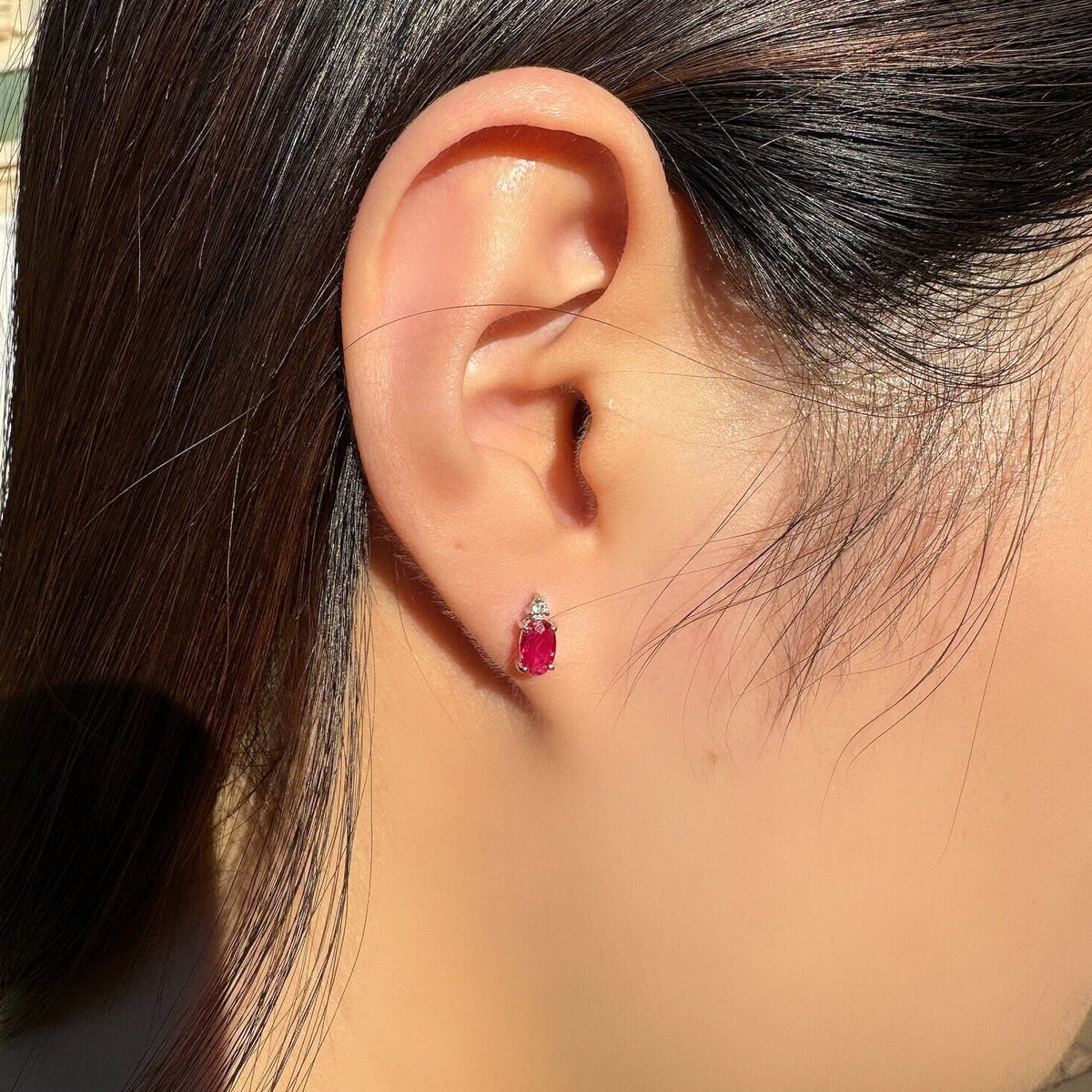 Genuine Ruby and Diamond Oval Studs / 14k Solid White Gold